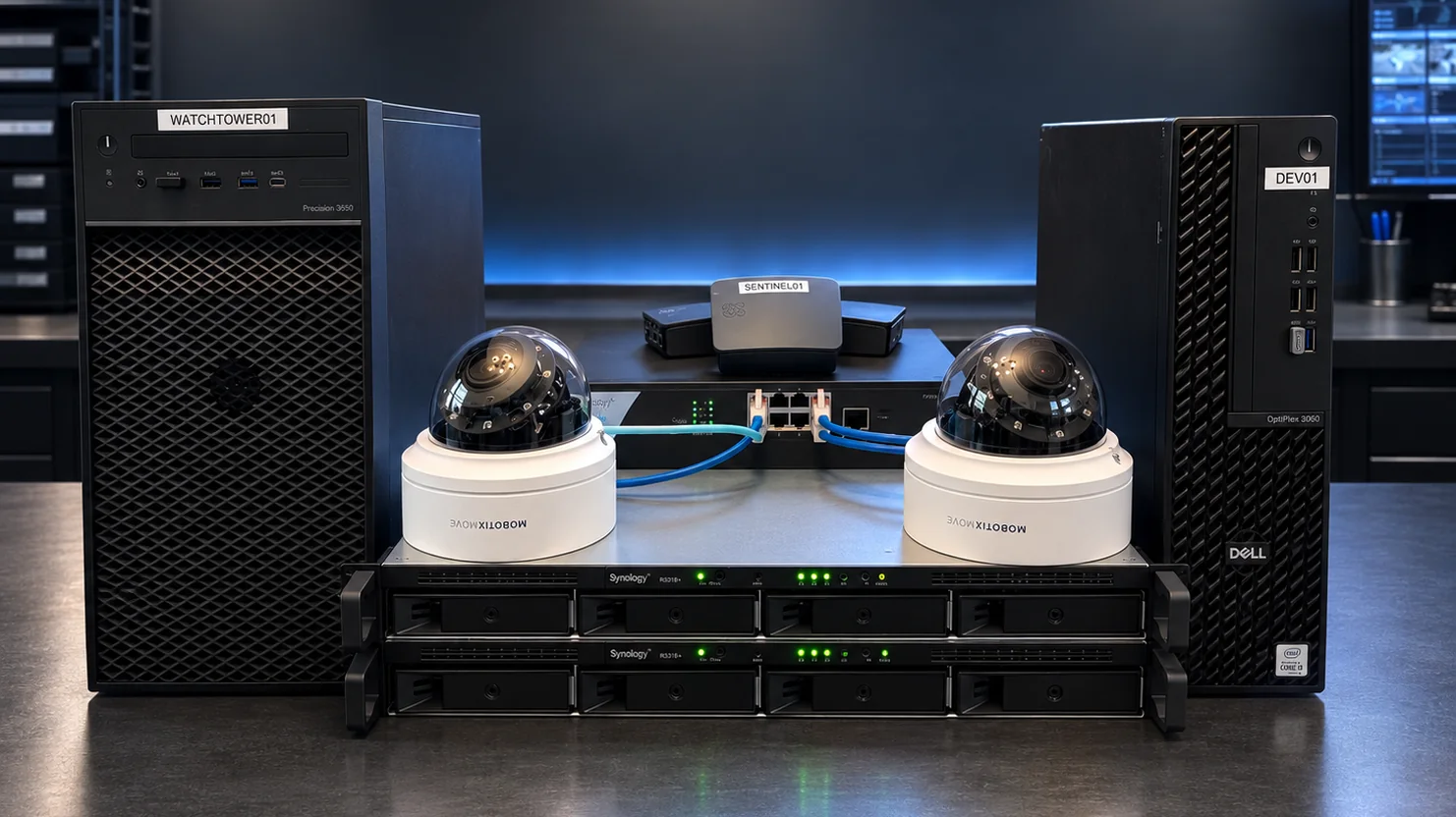 The Zoneary bench: a WATCHTOWER01 tower, a SENTINEL01 unit, a PoE switch, two MOBOTIX MOVE dome cameras, a Synology storage array and a DEV01 workstation