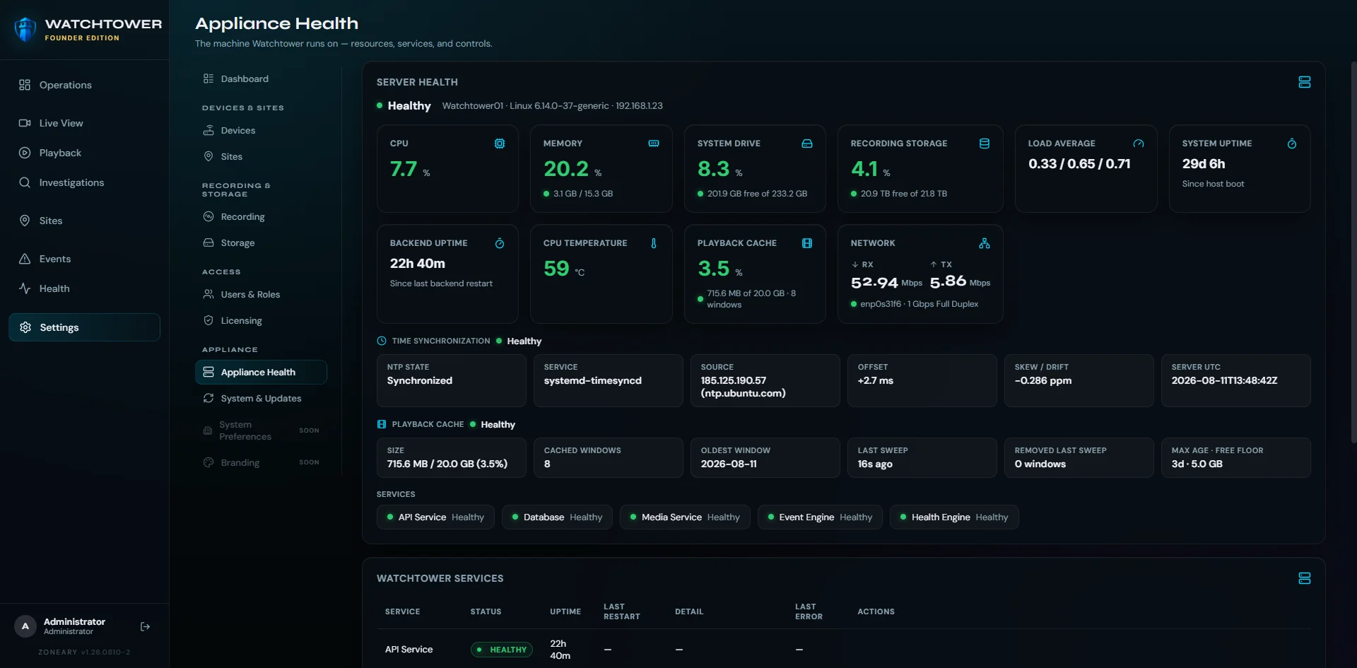 Watchtower Appliance Health — CPU, memory, system drive, recording storage, uptime, time synchronisation and per-service status for the machine Watchtower runs on