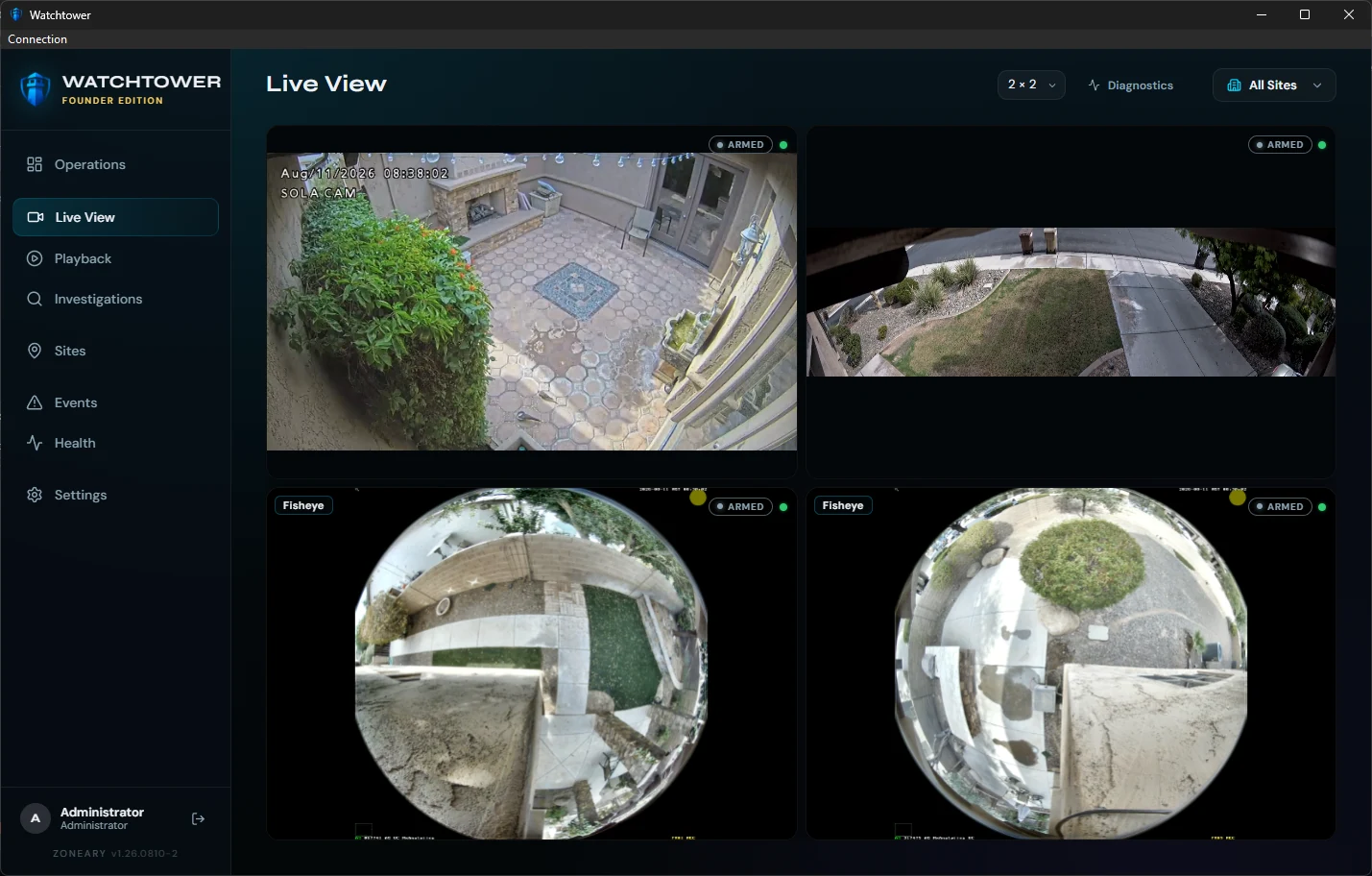 Watchtower Live View running inside the native desktop client, showing a four-pane camera wall