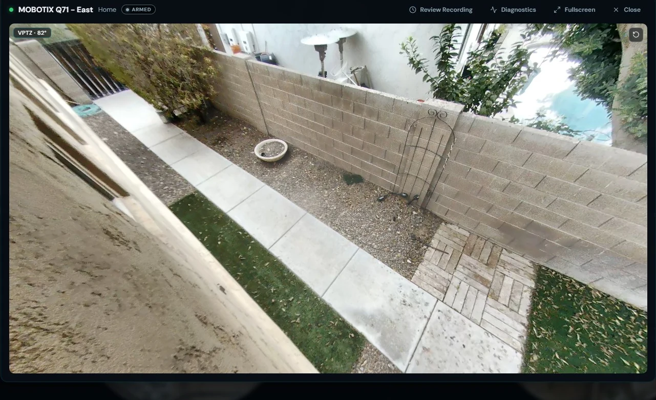 The same fisheye camera dewarped to a rectilinear view inside Watchtower, with no desktop plugin