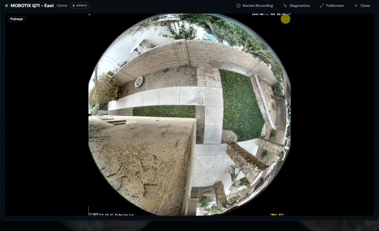 A MOBOTIX Q71 fisheye camera popped out in Watchtower, showing the raw circular fisheye image