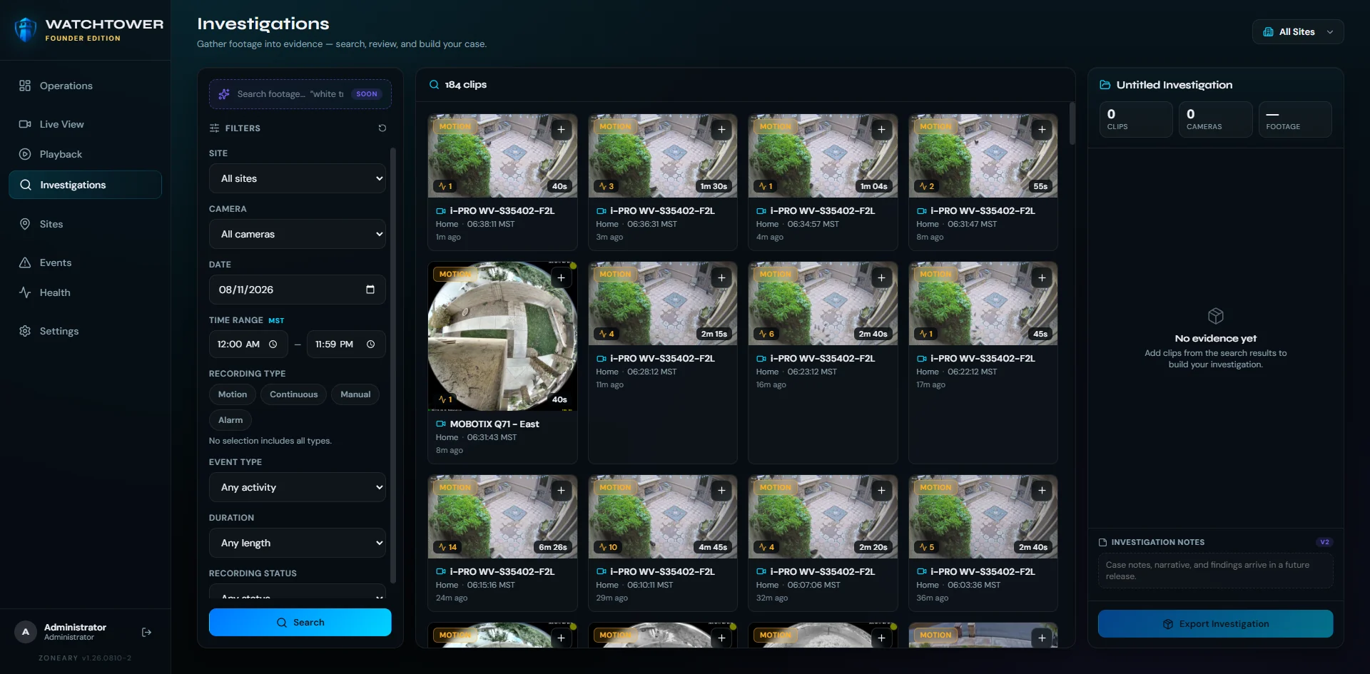 Watchtower Investigations — filtered clip search results on the left, an empty case ready to gather them on the right, and an export action