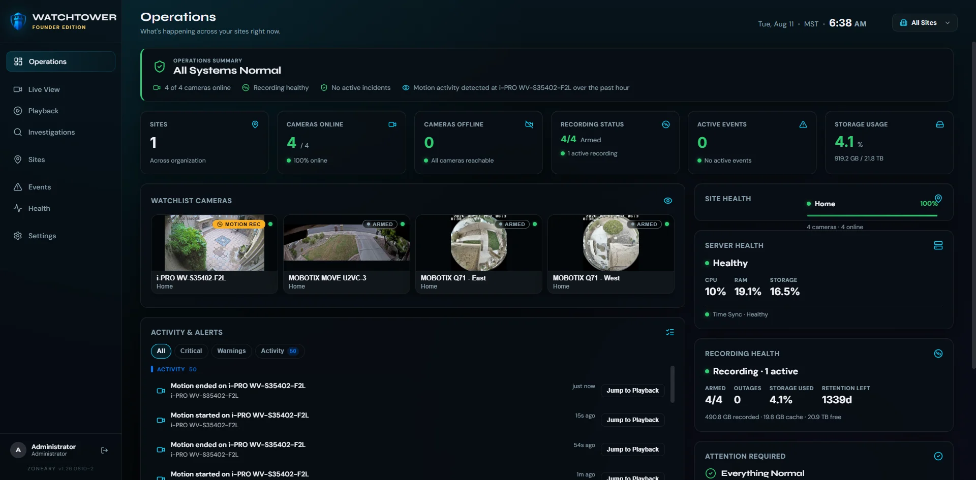 Watchtower Operations dashboard showing sites, cameras online, recording status, server and recording health, and a live activity feed