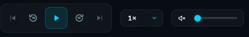 Watchtower playback transport controls: skip, rewind, play, speed, and the mute button beside a volume slider
