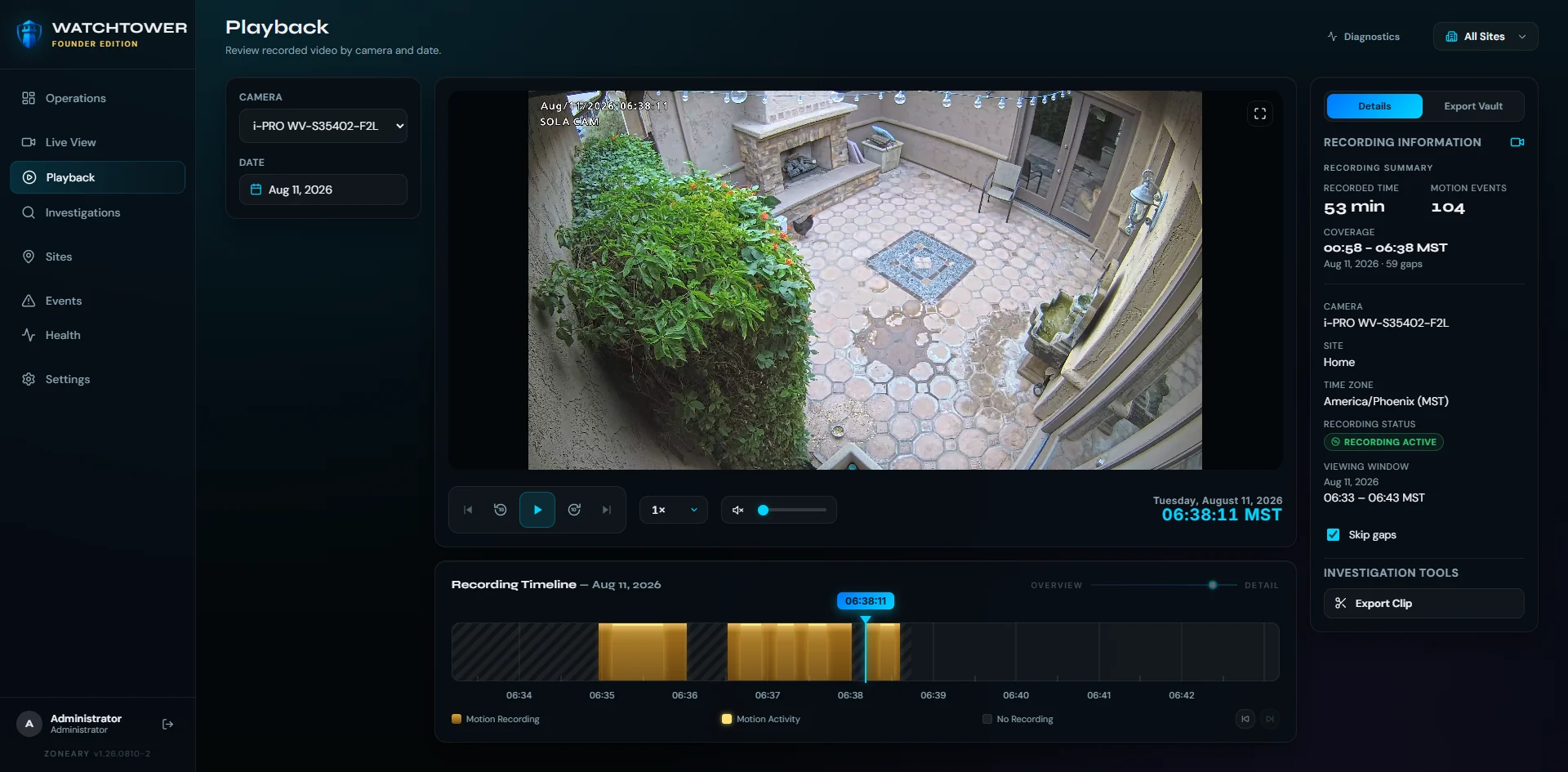 Watchtower Playback with recording timeline and investigation tools