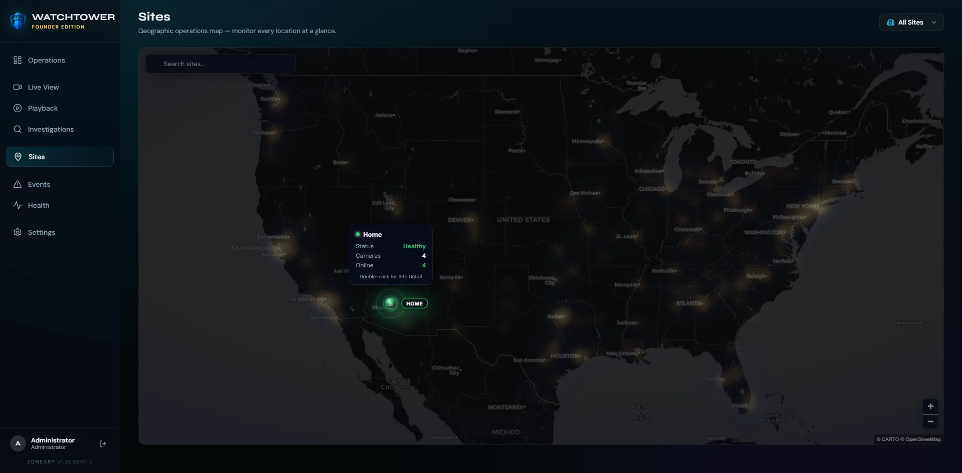 Watchtower Sites — a geographic operations map with every location's status