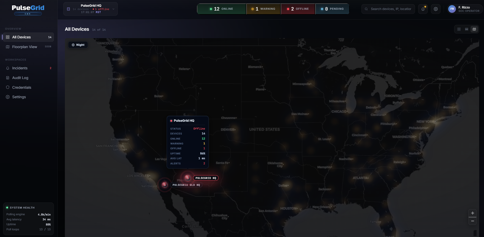 PulseGrid map view — sites across a dark map with a per-site health popover
